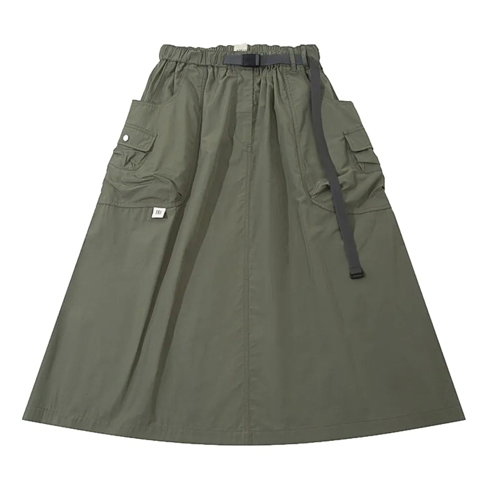 A[S]USL BELTED NYLON FLARE SKIRT-LIGHT OLIVE