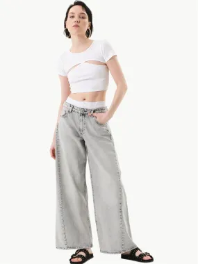 Baggy Jeans with Waist Garnish Detail - Gray