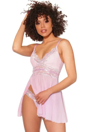 Candy Pink Sheer Mesh & Shimmer Lace Babydoll