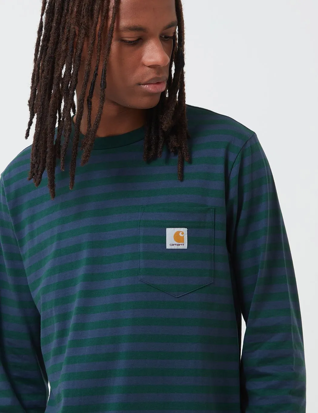 Carhartt-WIP Parker Pocket Long Sleeve T-Shirt (Parker Stripe) - Bottle Green/Admiral