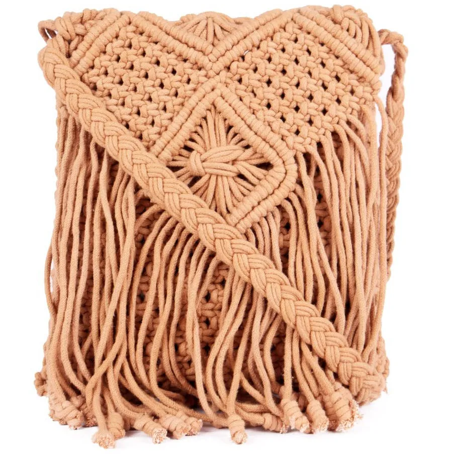 Cream Macrame Flapover Crossbody Sling Bag