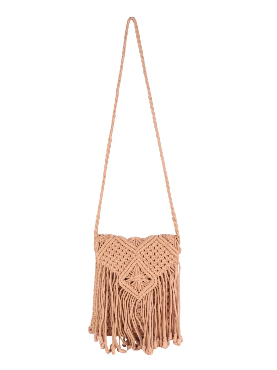 Cream Macrame Flapover Crossbody Sling Bag