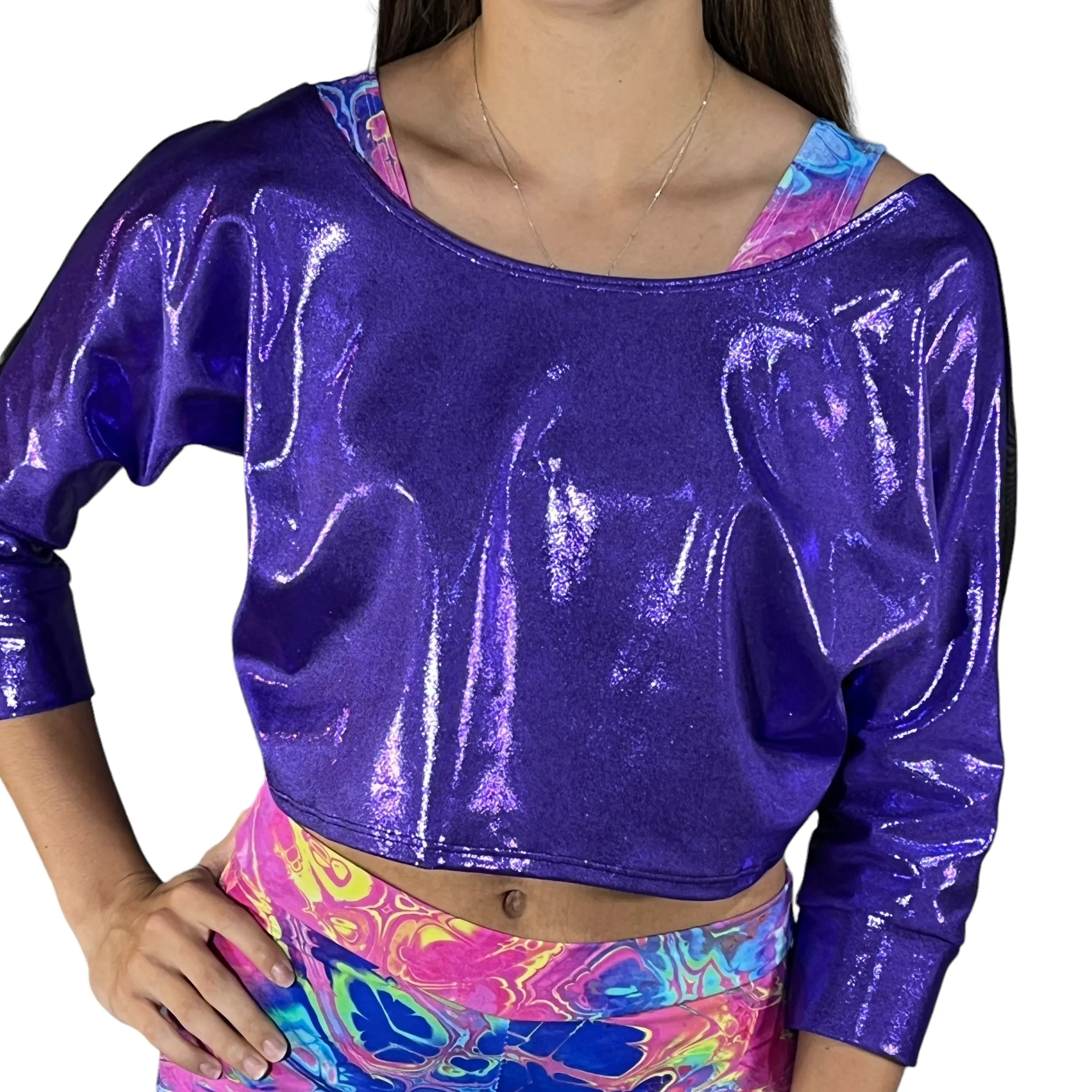 Dolman Crop Top in Black Mesh and Purple Mystique Metallic