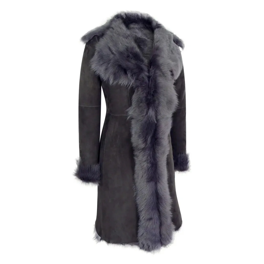 Grey 3/4 Length Women's Suede Luxury Toscana Sheepskin Coat