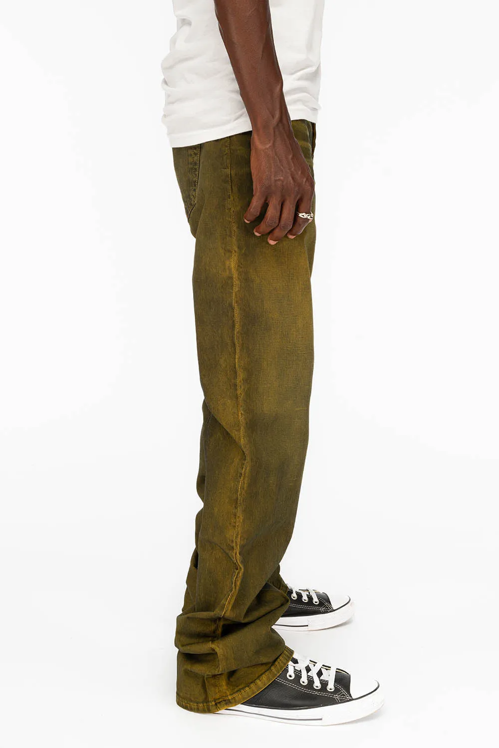 LONG FLAP MENS STRAIGHT JEANS WITH CRYSTALS IN DUSTY YELLOW