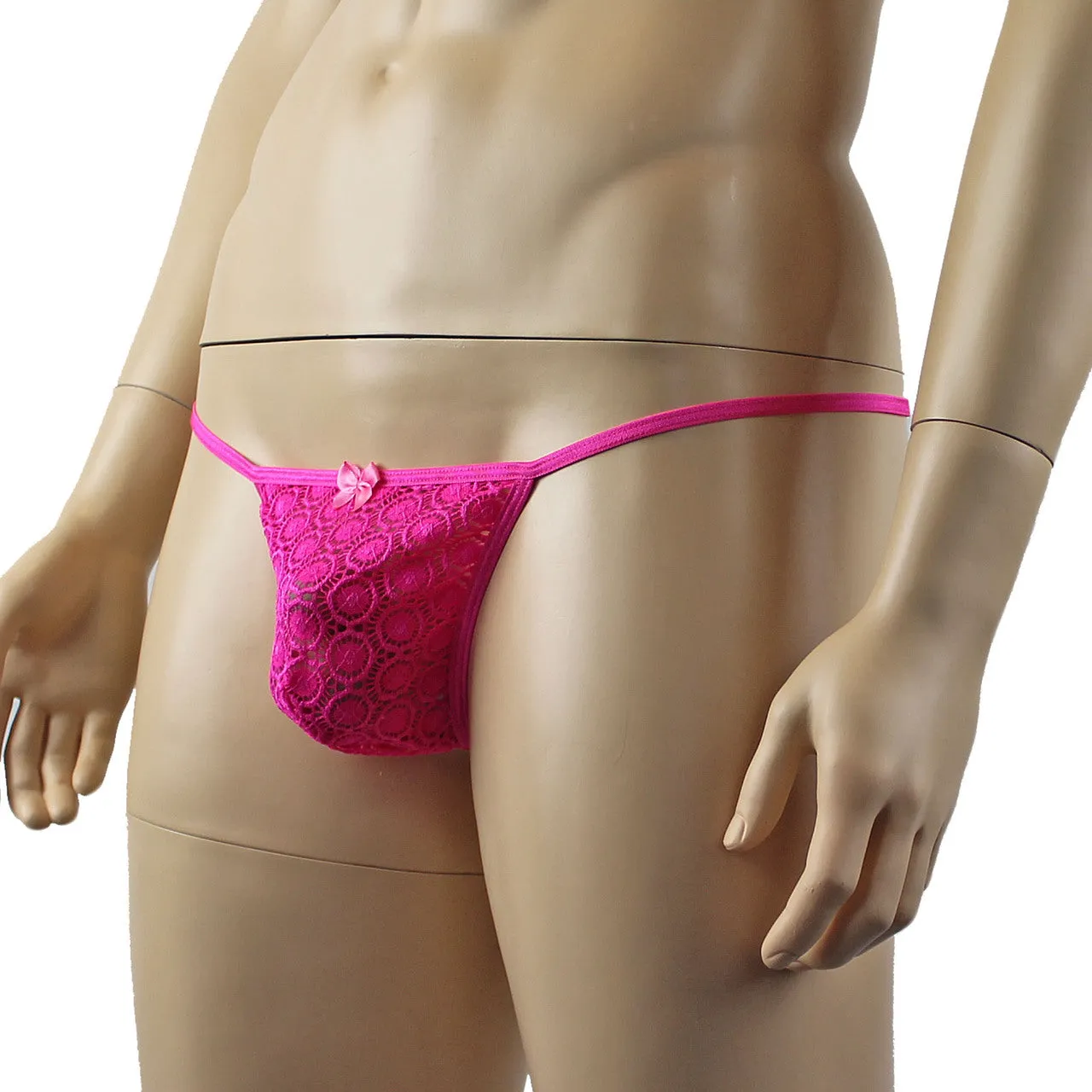 Mens Tease Circle Lace Pouch G string with Cute Bow Front Hot Pink