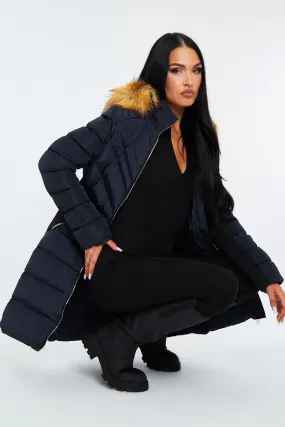 Navy Blue Fur Hood Contrast Panel Puffer Coat - Chelsie