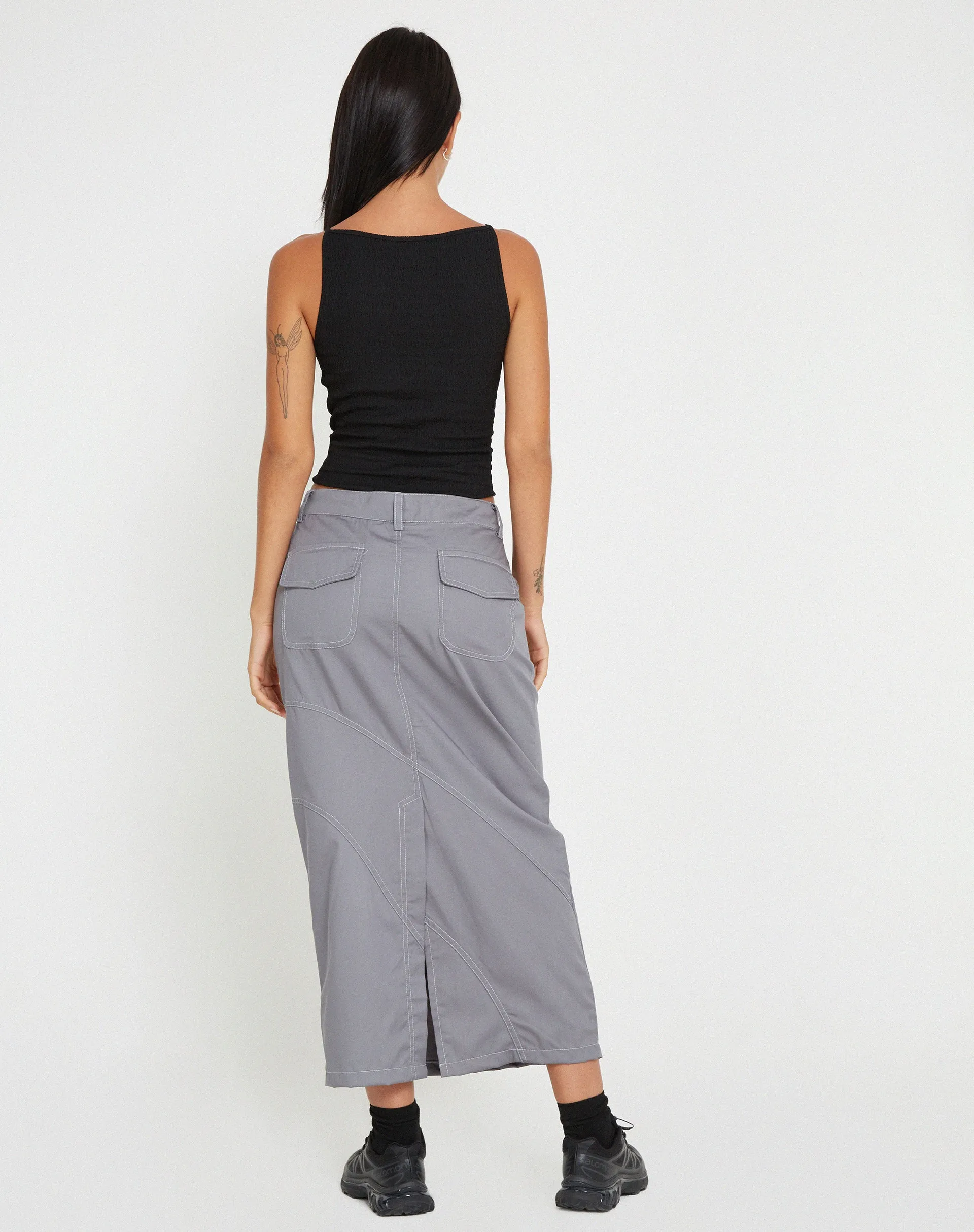 Reese Cargo Midi Skirt in Charcoal Grey with White Stitch