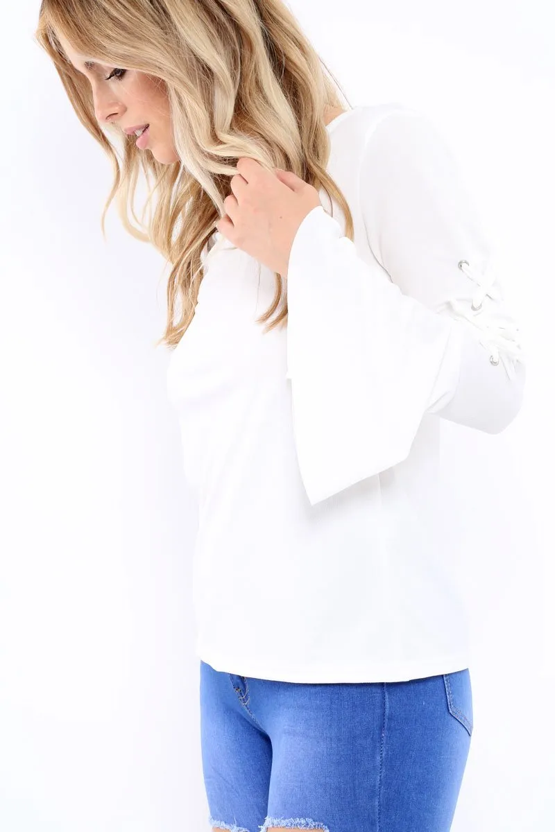 White Bell Sleeved Top with Lace up Detail - Fate