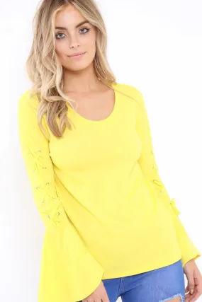 Yellow Bell Sleeved Top with Lace up Detail - Fate